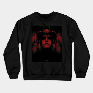 Portrait, digital collage, special processing. Dark, strong. Guy face looking up high. Fantasy. Red. Crewneck Sweatshirt